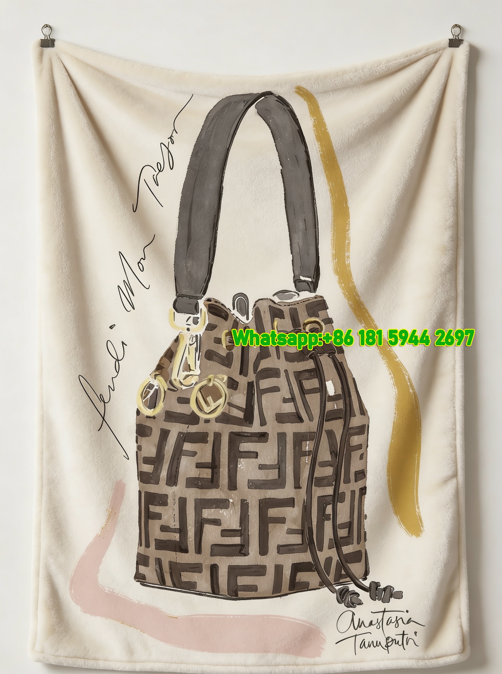 Fendi Mon Tresor Bucket Bag Watercolor Flannel Throw Blanket IMG_9583